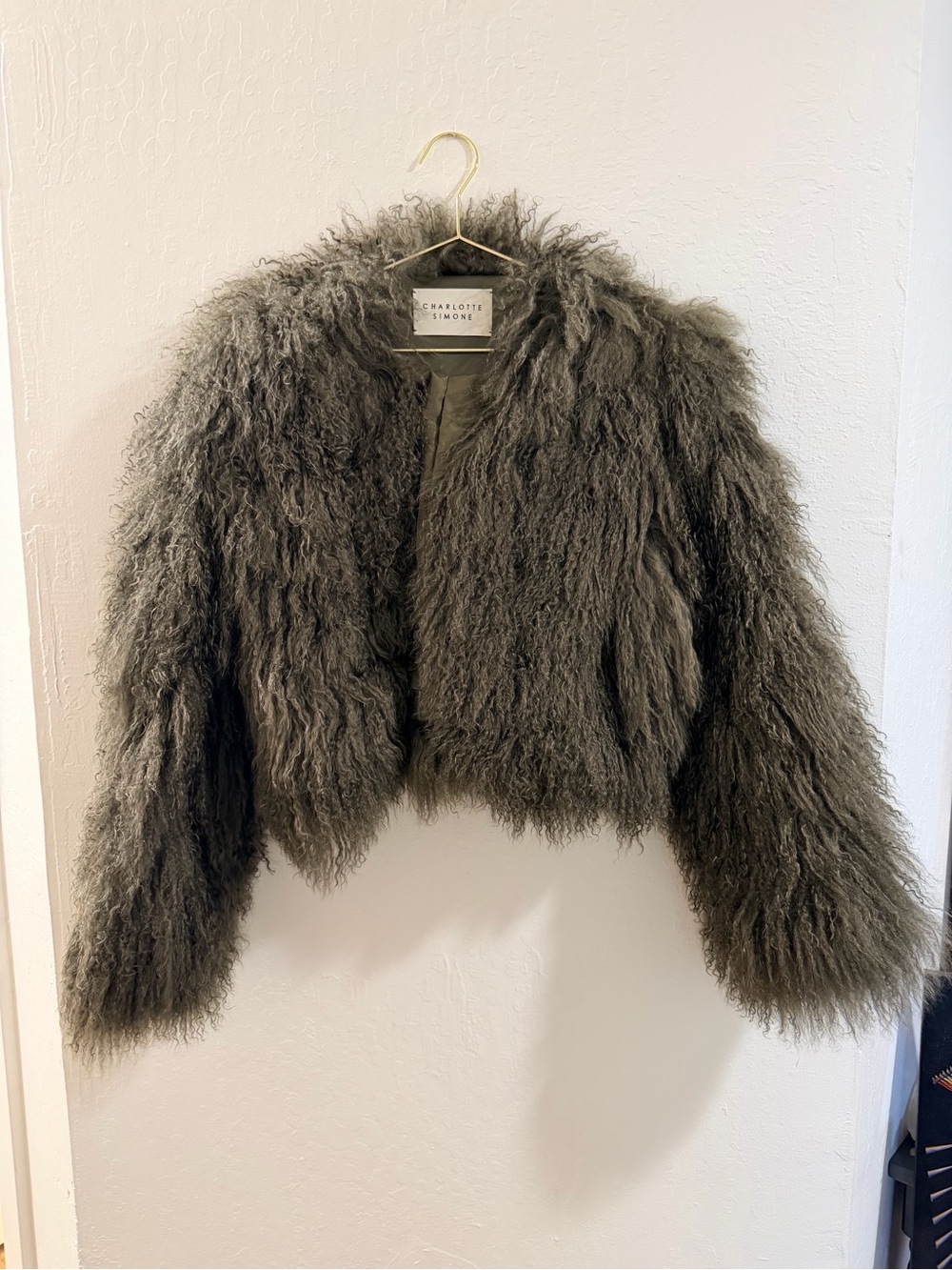 Charlotte Simone Mongolian Sheep Fur Cropped Jacket - Olive
